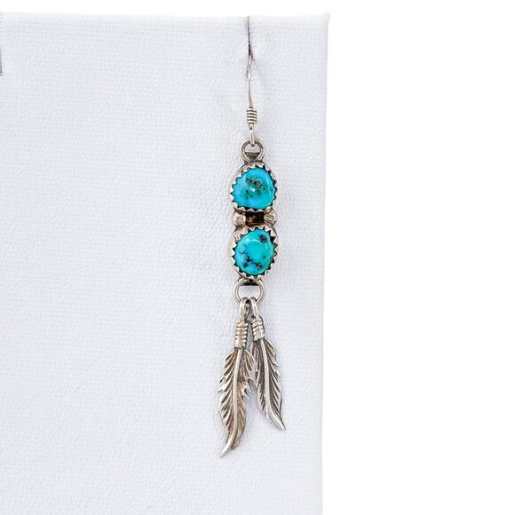 Turquoise Feather Single Dangle Earring | Southwest Vintage Sterling Silver 925 - Picture 2 of 7